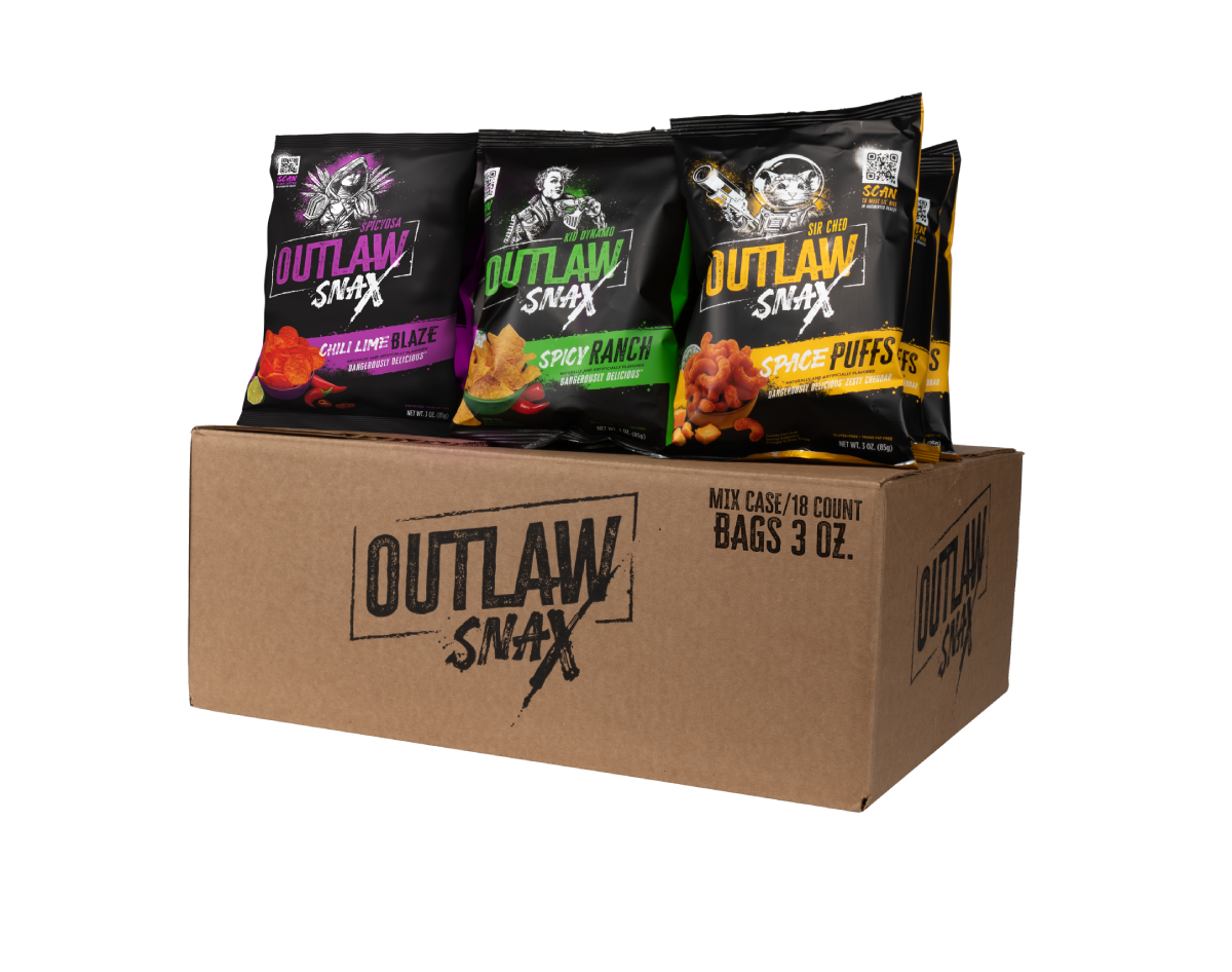 Outlaw Snax variety pack featuring Chili Lime Blaze, Spicy Ranch, and Space Puffs snacks in a 3 ounce bag mixed case.