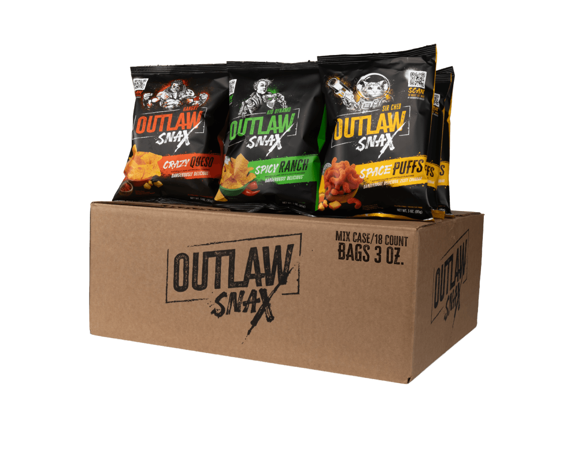 Outlaw Snax variety pack featuring Crazy Queso, Spicy Ranch, and Space Puffs snacks in a 3 ounce bag mixed case.