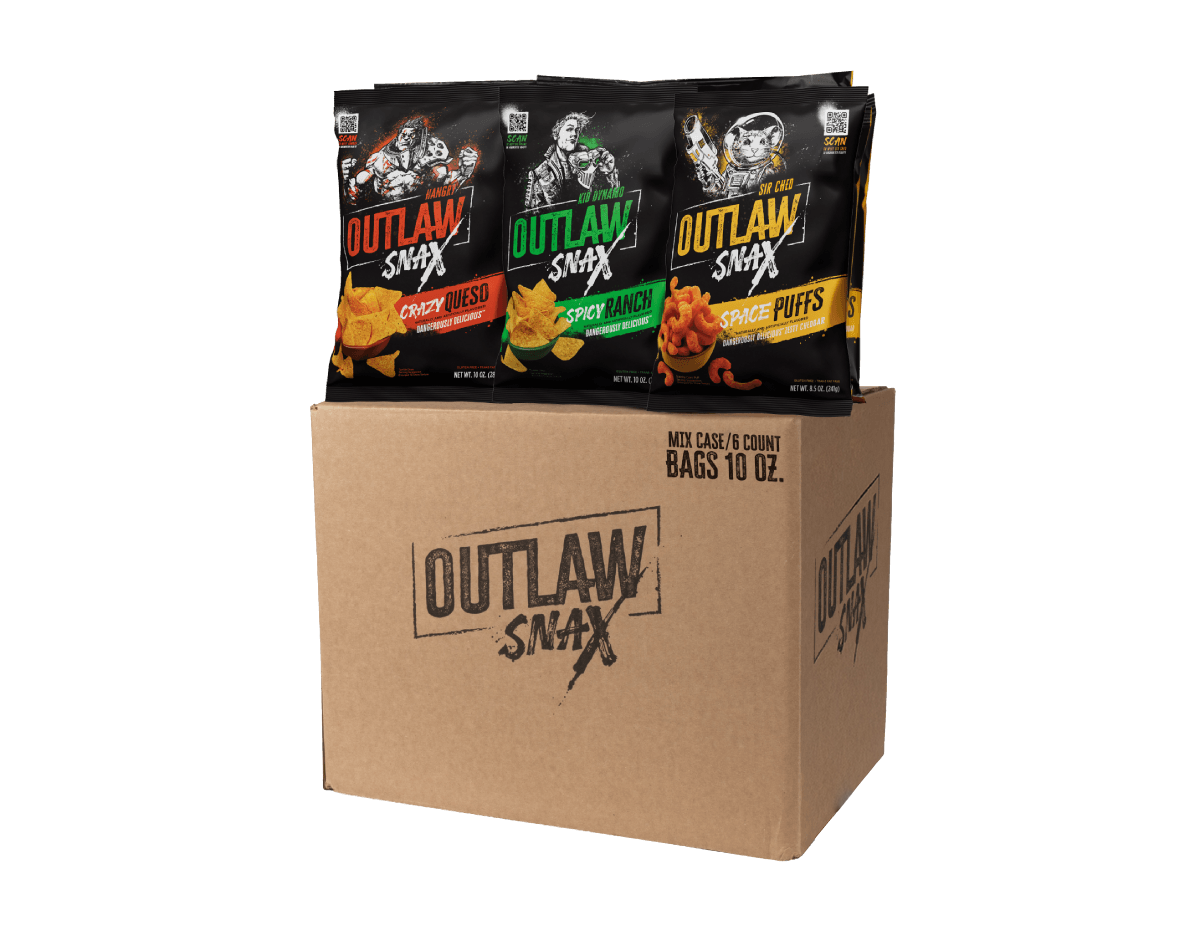 Outlaw Snax variety pack featuring Crazy Queso, Spicy Ranch, and Space Puffs snacks in a 10 ounce bag mixed case.