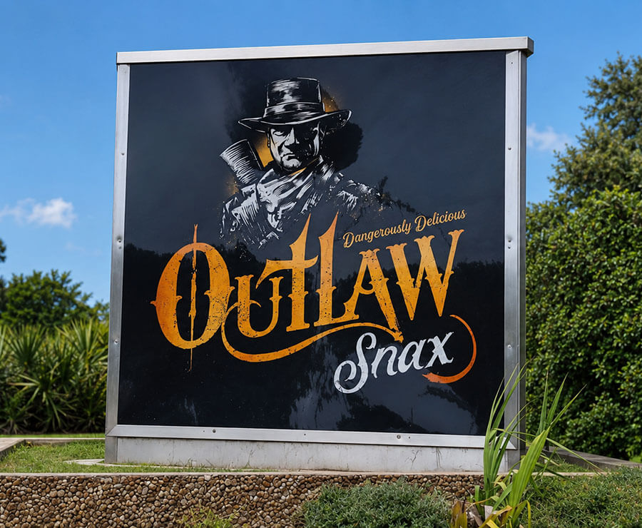Outlaw Snax company sign outside the Ocala, Florida manufacturing and distribution facility.