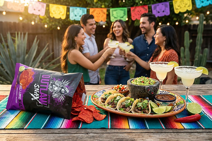 Outlaw Snax Chili Lime Blaze flavored tortilla chips featured at an outdoor fiesta with tacos, guacamole, and margaritas.