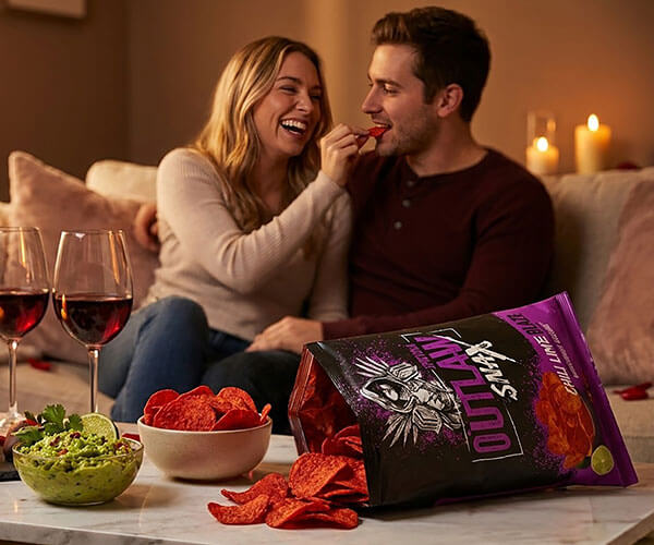 Outlaw Snax Chili Lime Blaze flavored tortilla chips enjoyed during a cozy date night with snacks and drinks.
