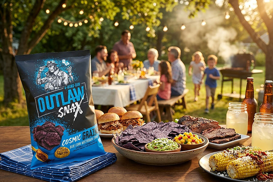 Outlaw Snax Cosmic Grains blue corn multigrain tortilla chips featured at a backyard cookout with family and friends.