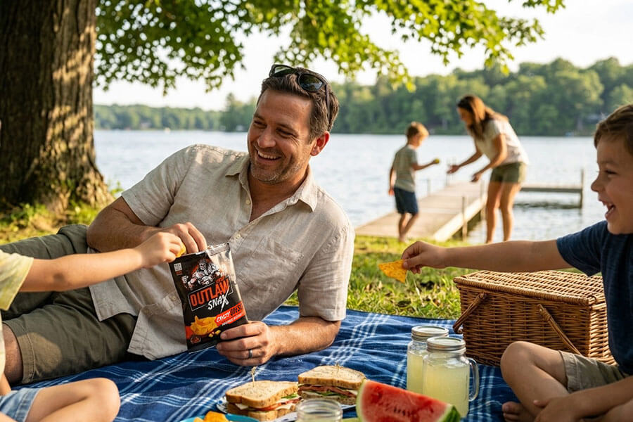 Outlaw Snax Crazy Queso flavored tortilla chips enjoyed during a family picnic by the lake.