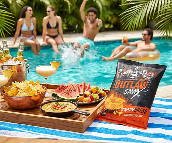Outlaw Snax Crazy Queso flavored tortilla chips featured at a poolside gathering with drinks, fruit, and snacks.