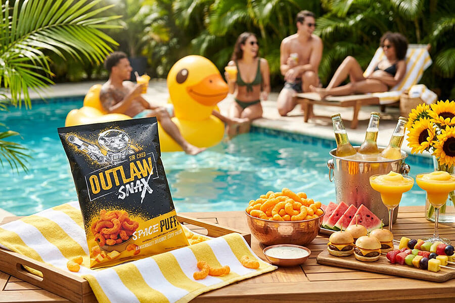 Outlaw Snax Space Puffs cheese snacks featured at a poolside gathering with drinks and summer snacks.