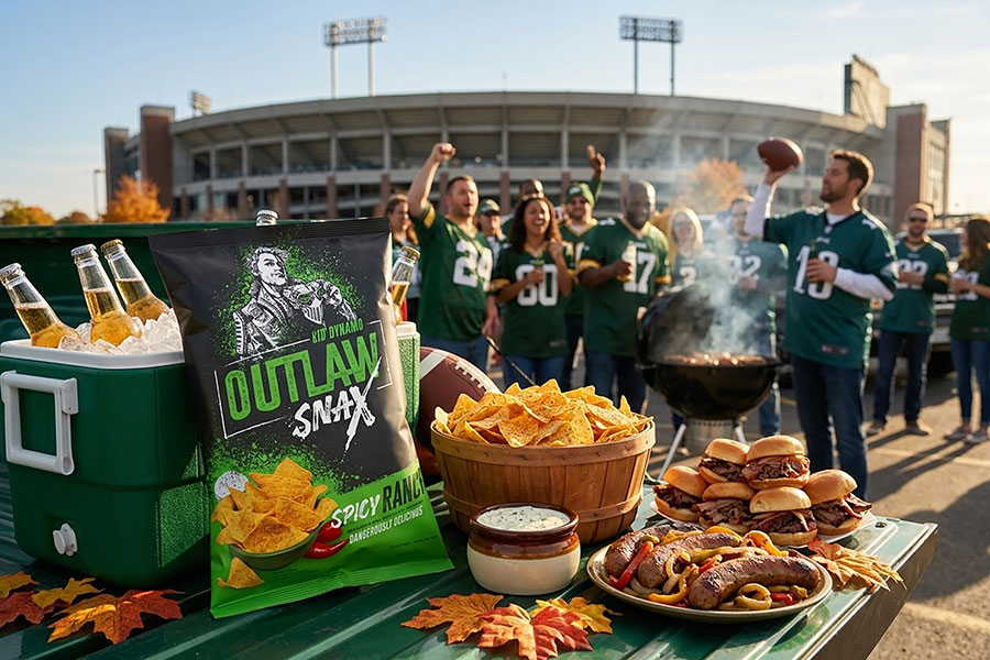 Outlaw Snax Spicy Ranch flavored tortilla chips at a football tailgate party with fans and grilled food.