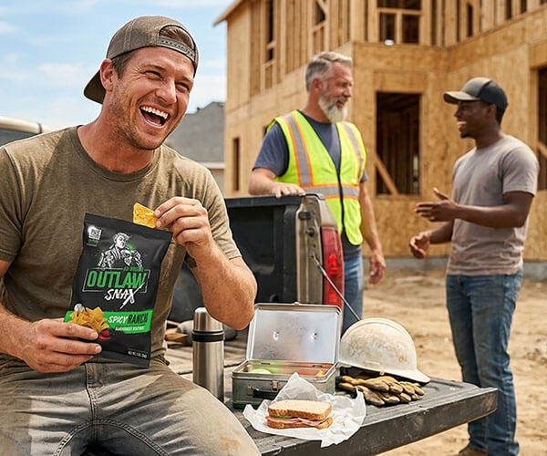 Outlaw Snax Spicy Ranch tortilla chips enjoyed by construction workers during a lunch break.
