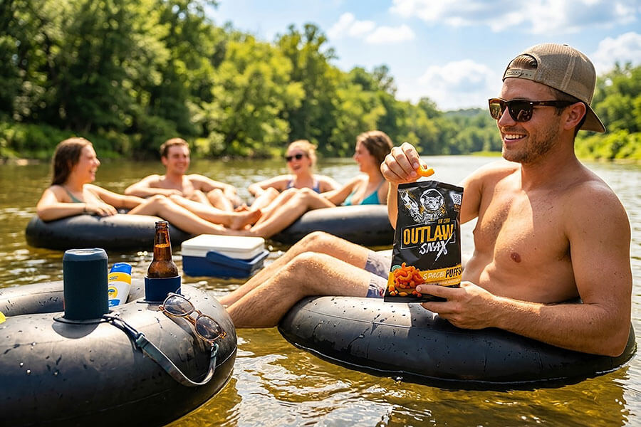 Outlaw Snax Space Puffs cheese snacks enjoyed while floating on a river with friends.