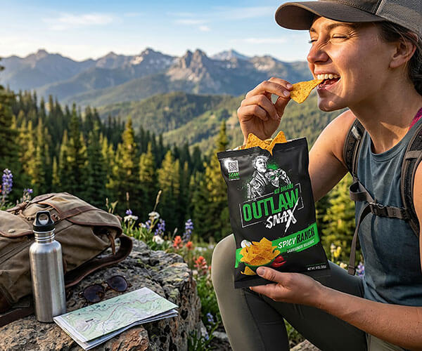 Outlaw Snax Spicy Ranch flavored tortilla chips enjoyed during a mountain hiking adventure.