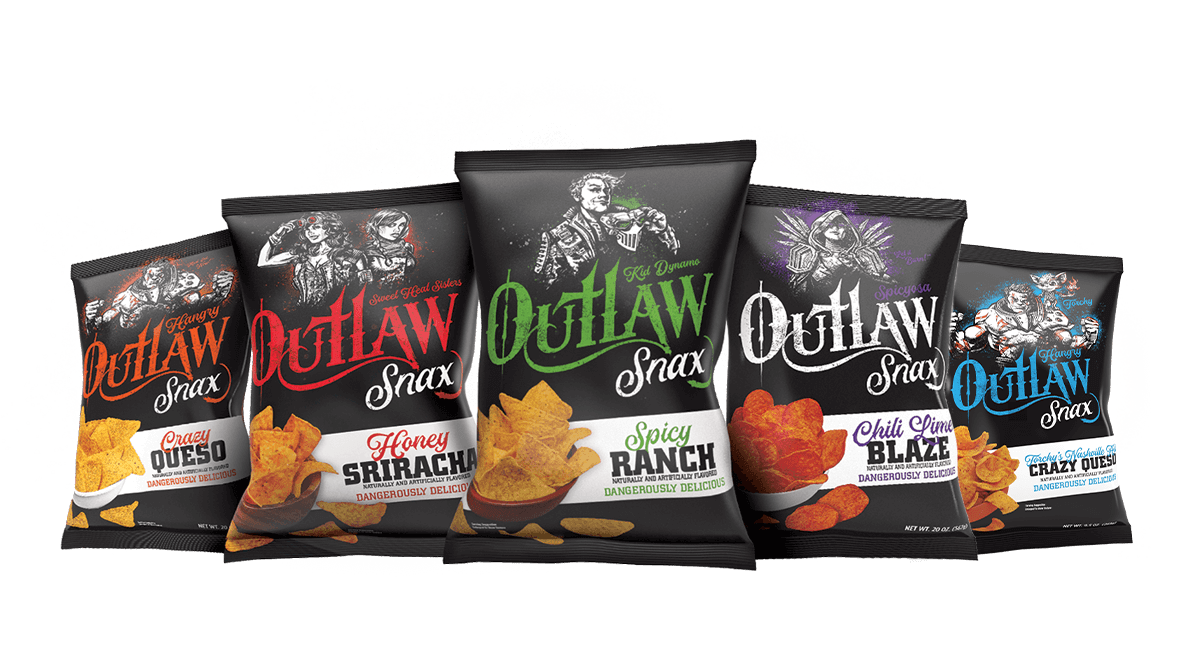 Outlaw Snax Honey - Crazy Queso, Honey Sriracha, Spicy Ranch, Torchy's Crazy Queso, & Chili Lime Blaze Tortilla Chips